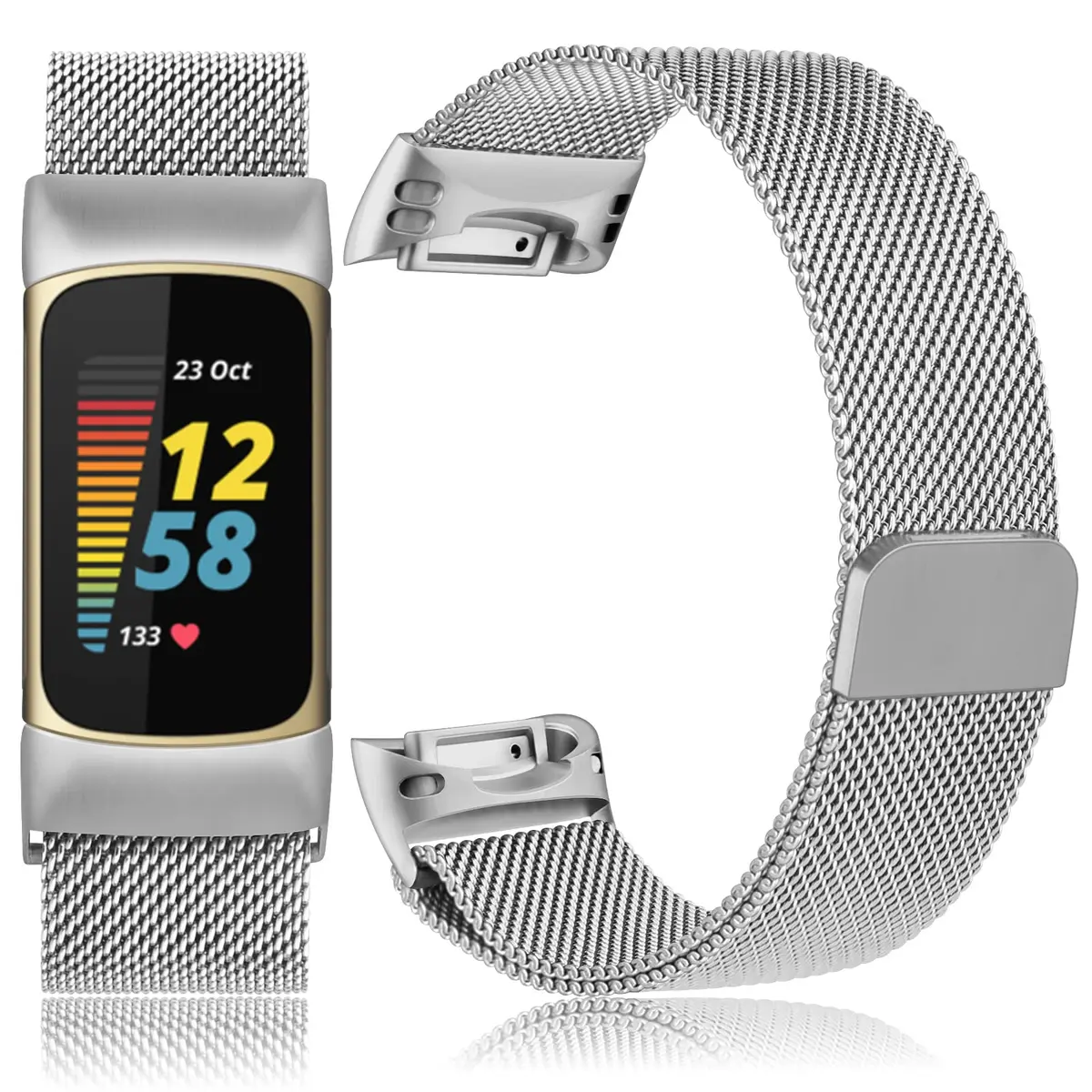 Meliya Stainless Steel Watch Band for Fitbit Charge 6 | Adjustable Magnetic Mesh Strap (Silver) - view 2