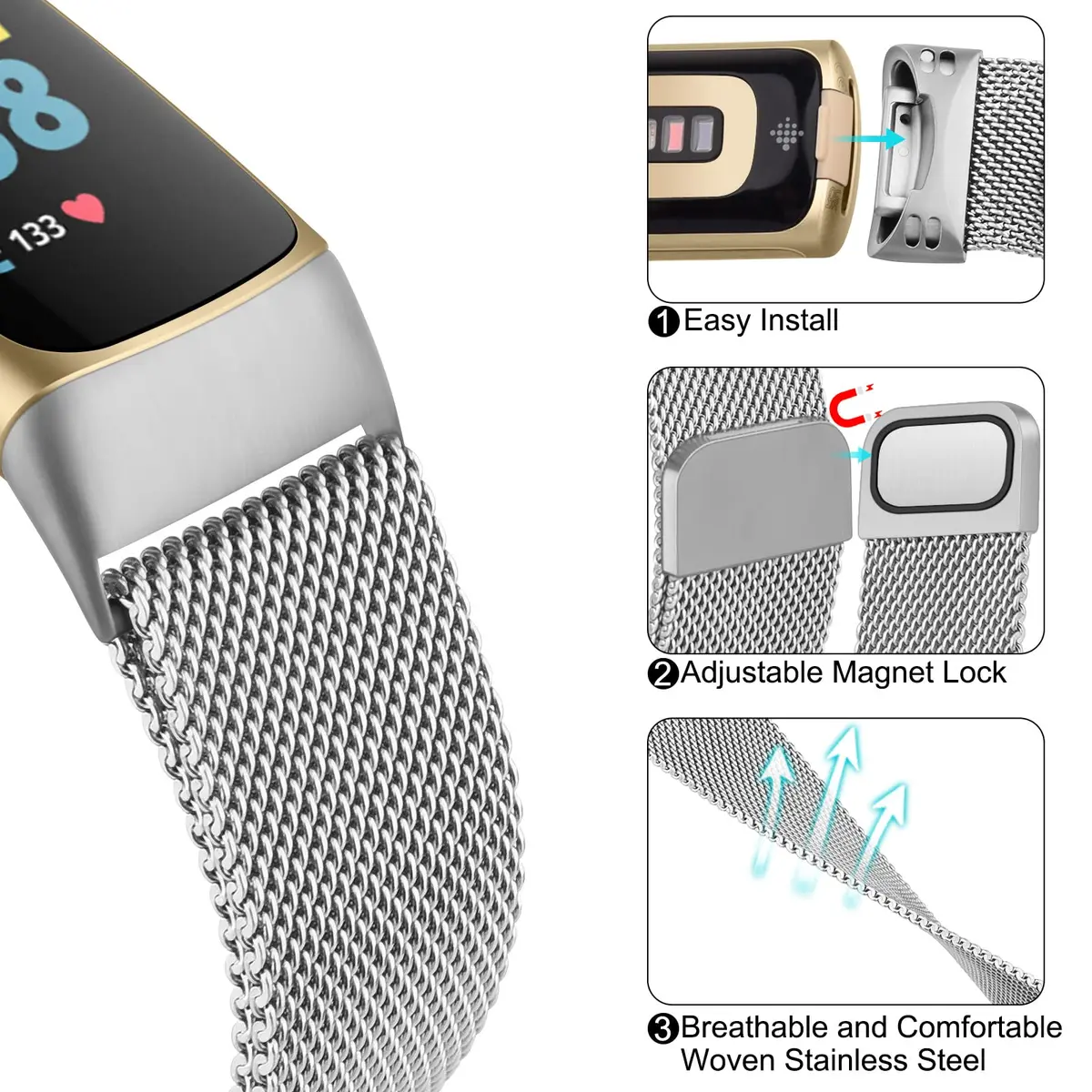 Meliya Stainless Steel Watch Band for Fitbit Charge 6 | Adjustable Magnetic Mesh Strap (Silver) - view 3