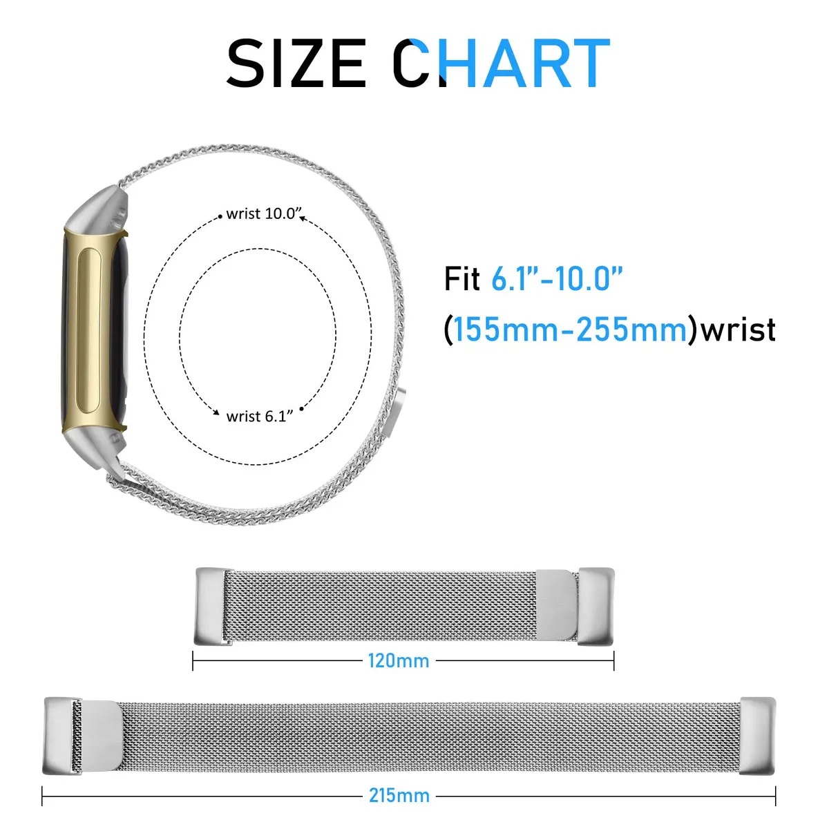 Meliya Stainless Steel Watch Band for Fitbit Charge 6 | Adjustable Magnetic Mesh Strap (Silver) - view 4