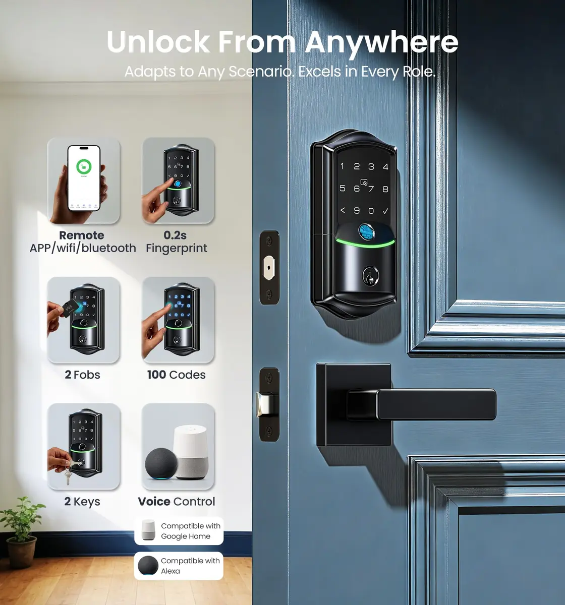 Veise VE027 WiFi Smart Lock Fingerprint Keyless Entry Deadbolt Matte Black | BHMA Grade 3 Certified, 40+ Year Durability - view 3