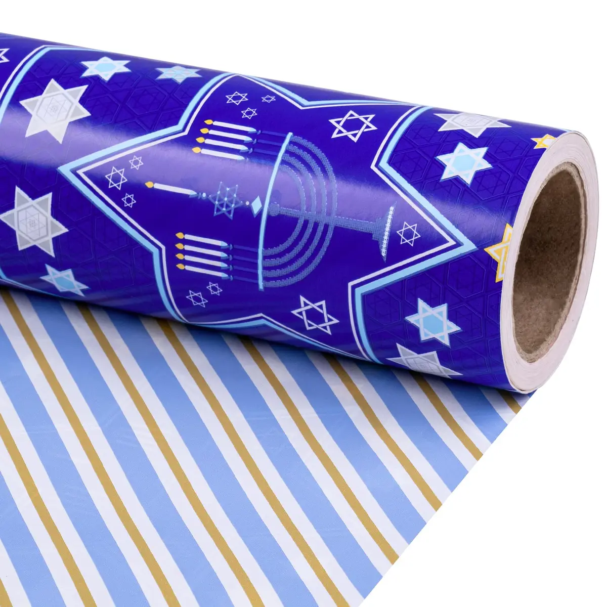 RUSPEPA Reversible Hanukkah Wrapping Paper Roll, Mini Roll, Blue Star of David and Menorah Design, 17 Inches x 32.8 Feet | Festive Double-Sided Gift Wrap - main product image