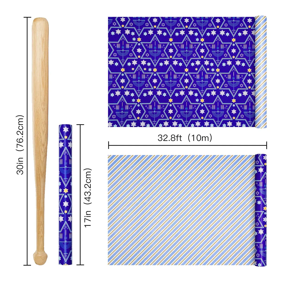RUSPEPA Reversible Hanukkah Wrapping Paper Roll, Mini Roll, Blue Star of David and Menorah Design, 17 Inches x 32.8 Feet | Festive Double-Sided Gift Wrap - view 7