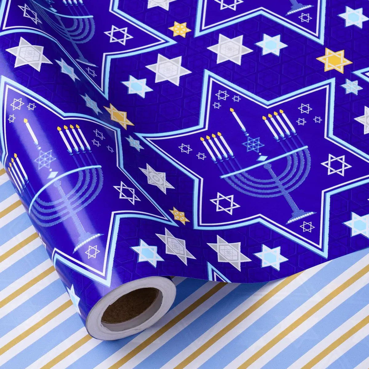 RUSPEPA Reversible Hanukkah Wrapping Paper Roll, Mini Roll, Blue Star of David and Menorah Design, 17 Inches x 32.8 Feet | Festive Double-Sided Gift Wrap - view 2