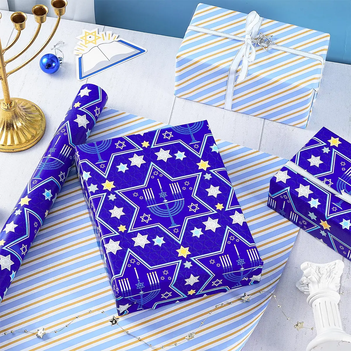 RUSPEPA Reversible Hanukkah Wrapping Paper Roll, Mini Roll, Blue Star of David and Menorah Design, 17 Inches x 32.8 Feet | Festive Double-Sided Gift Wrap - view 3