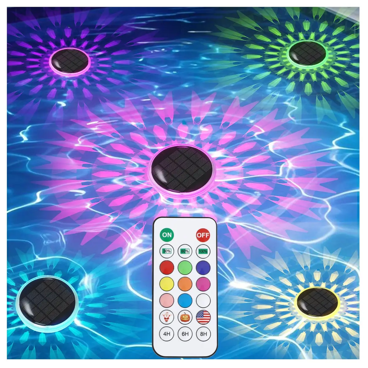 E ENERGETIC LIGHTING Solar Floating Pool Lights 5 Pack | IP67 Waterproof RGBW Color Change Decor - main product image