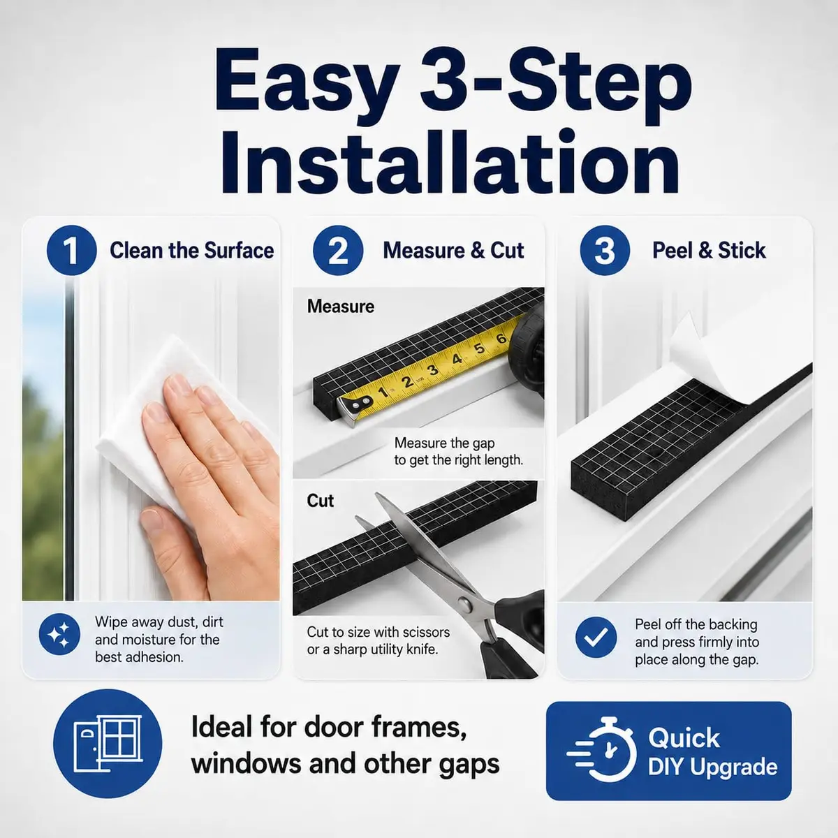 Bantie EVA Foam Weather Stripping Door Seal 10mm (1/2"×1/4") 10m (33ft) Black | Self-Adhesive for Doors & Windows - view 6