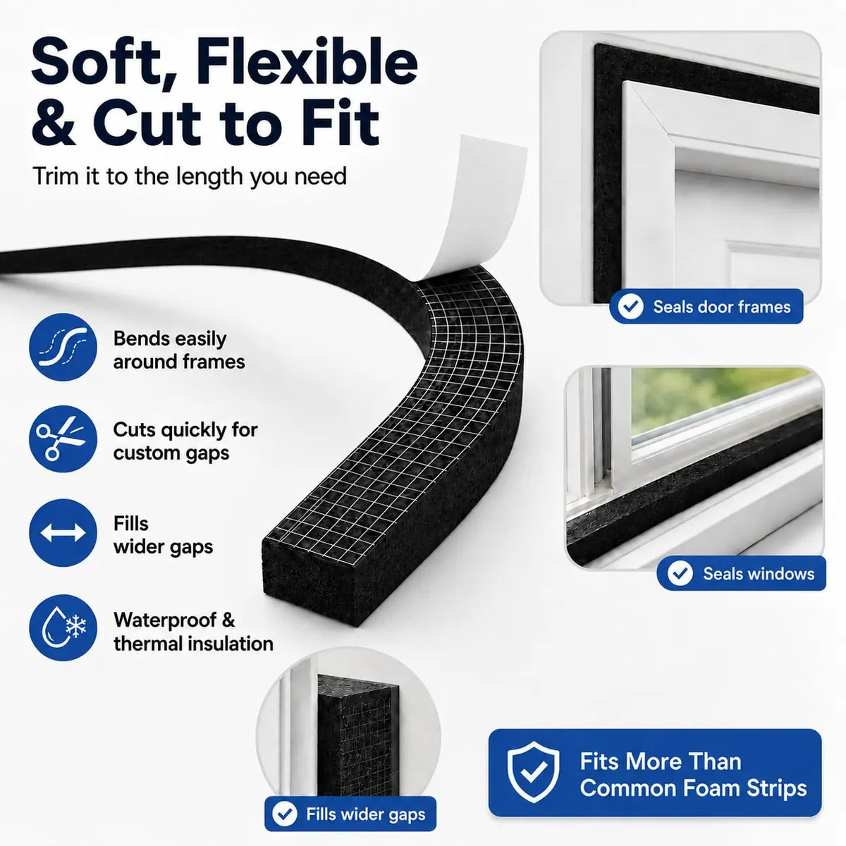 Bantie EVA Foam Weather Stripping Door Seal 10mm (1/2"×1/4") 10m (33ft) Black | Self-Adhesive for Doors & Windows - view 3