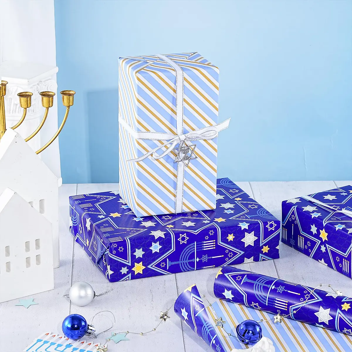 RUSPEPA Reversible Gift Wrap Paper Roll 30 in x 32.8 ft | Blue Star of David & Menorah Design, Jumbo Hanukkah & Christmas Gift Wrap - view 5