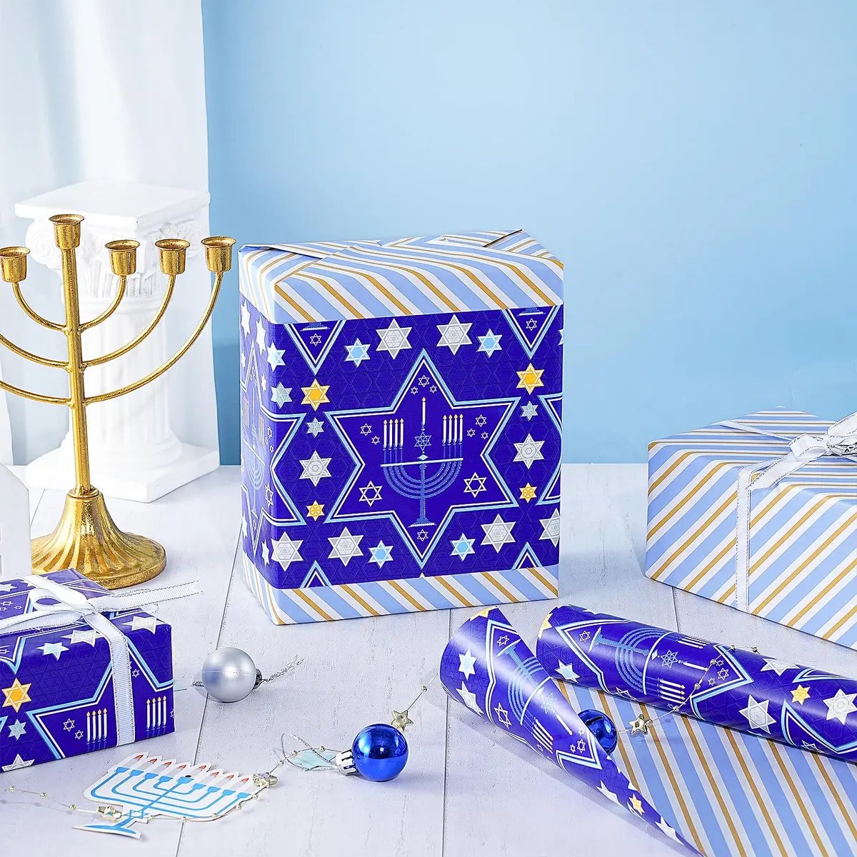 RUSPEPA Reversible Gift Wrap Paper Roll 30 in x 32.8 ft | Blue Star of David & Menorah Design, Jumbo Hanukkah & Christmas Gift Wrap - view 6