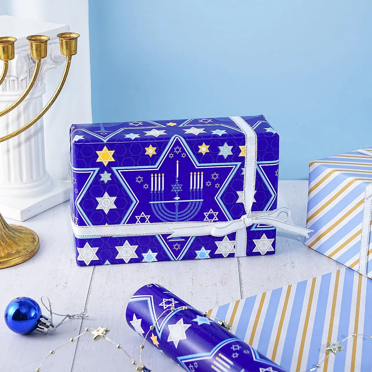 RUSPEPA Reversible Gift Wrap Paper Roll 30 in x 32.8 ft | Blue Star of David & Menorah Design, Jumbo Hanukkah & Christmas Gift Wrap - view 4