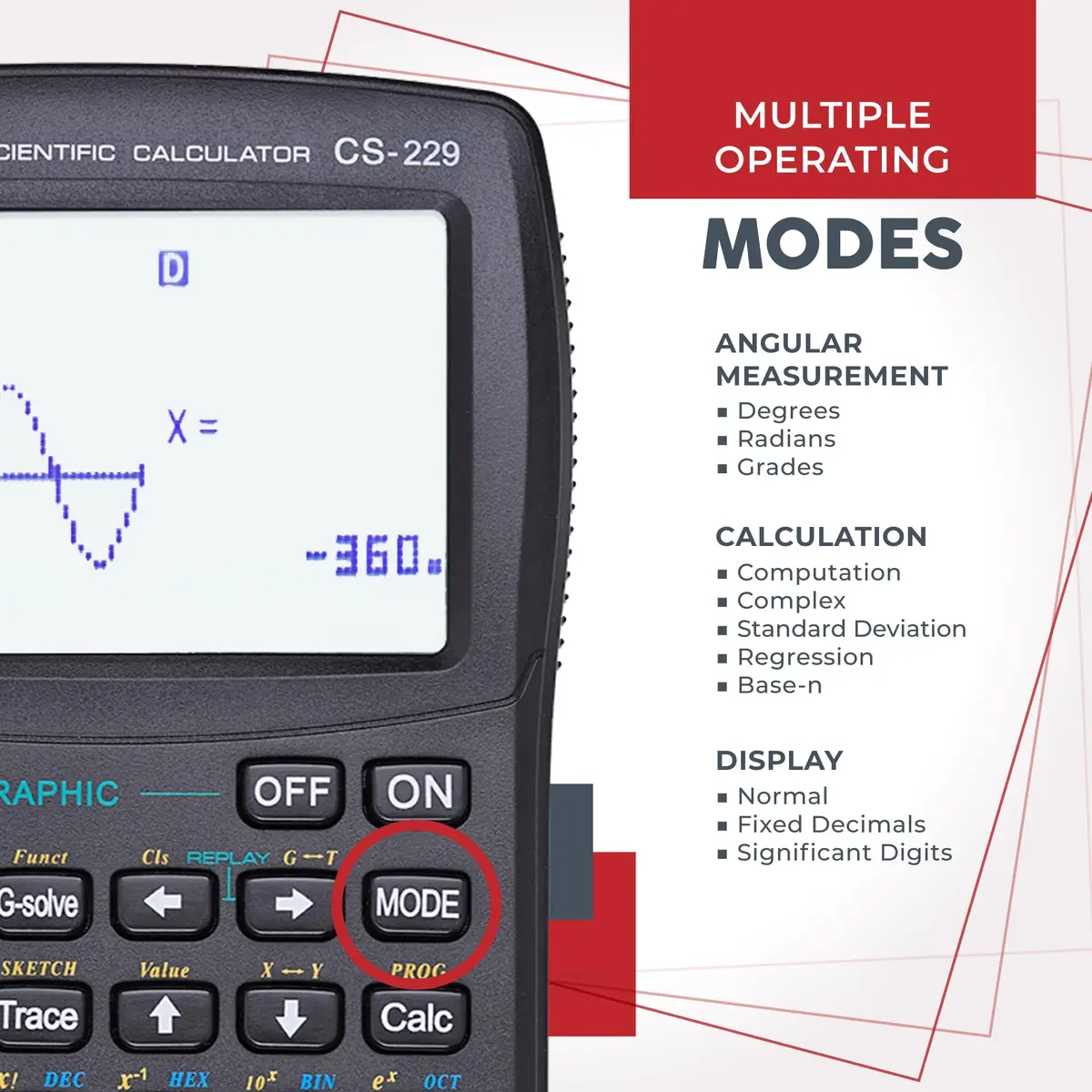 CATIGA Scientific Calculator CS-229 Graphing & Scientific Modes | 12-Digit LCD, Solar & Battery Power - view 3
