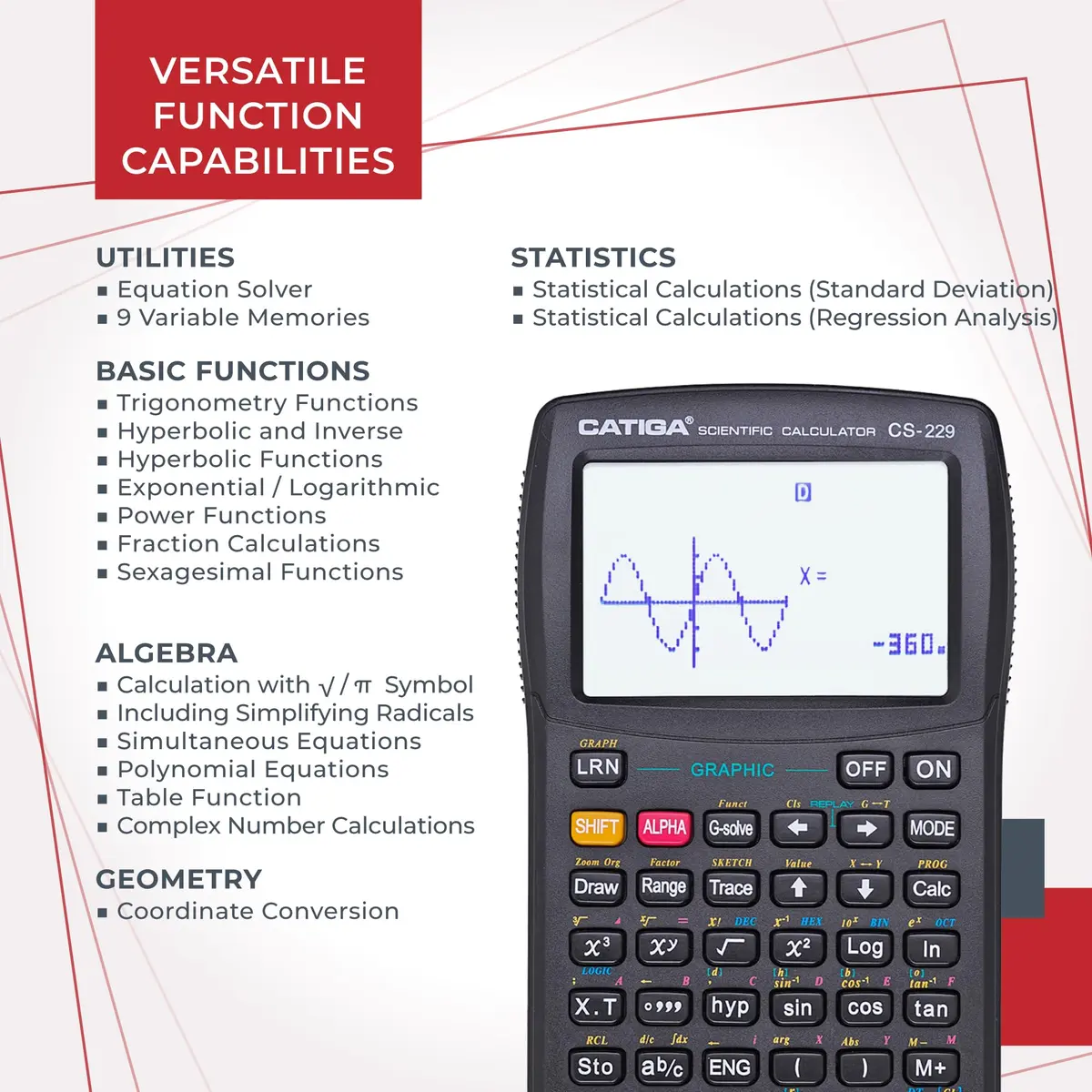 CATIGA Scientific Calculator CS-229 Graphing & Scientific Modes | 12-Digit LCD, Solar & Battery Power - view 4