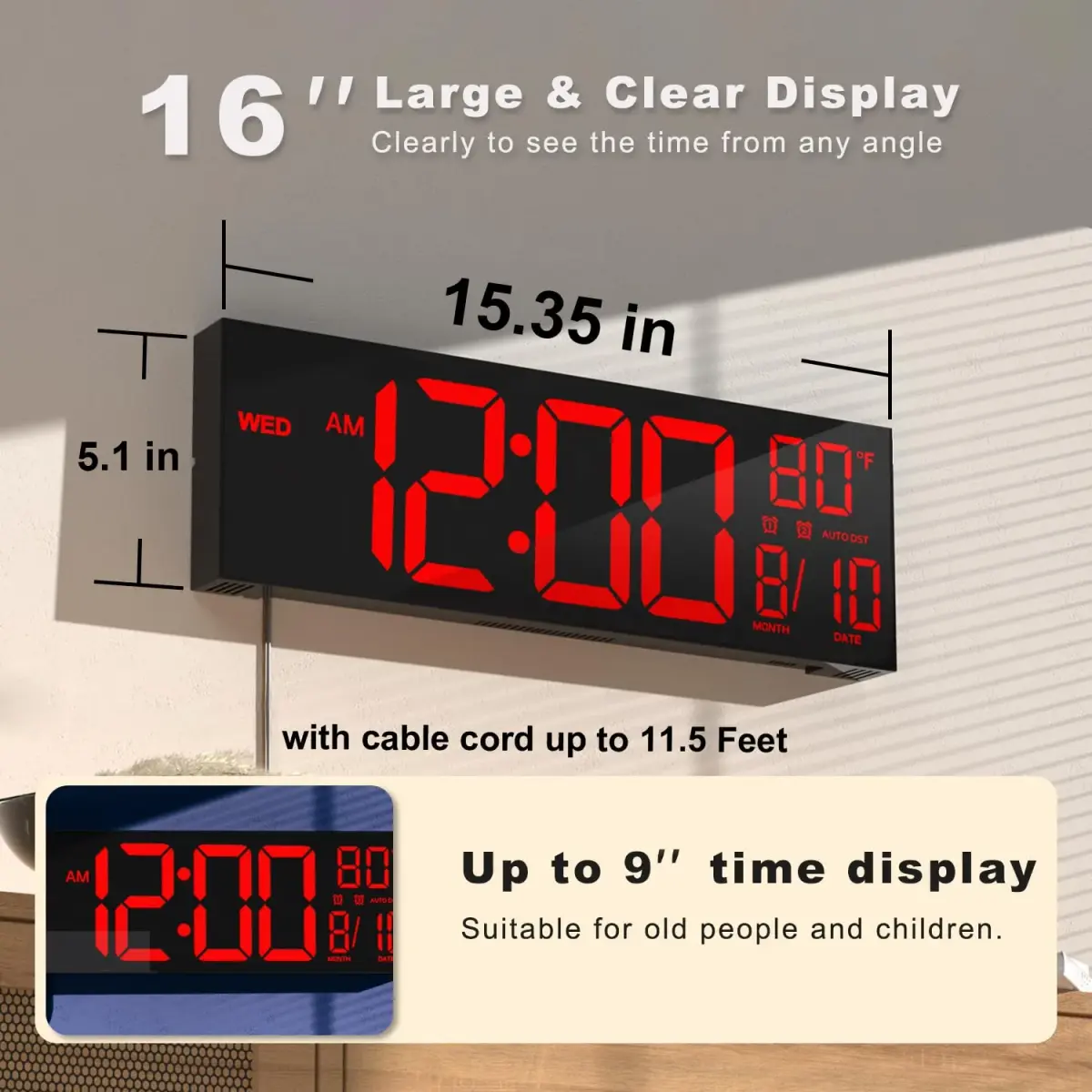 JALL 16 Inch Red Digital Wall Clock with Date, Day & Temperature | Jumbo LED Display - view 2