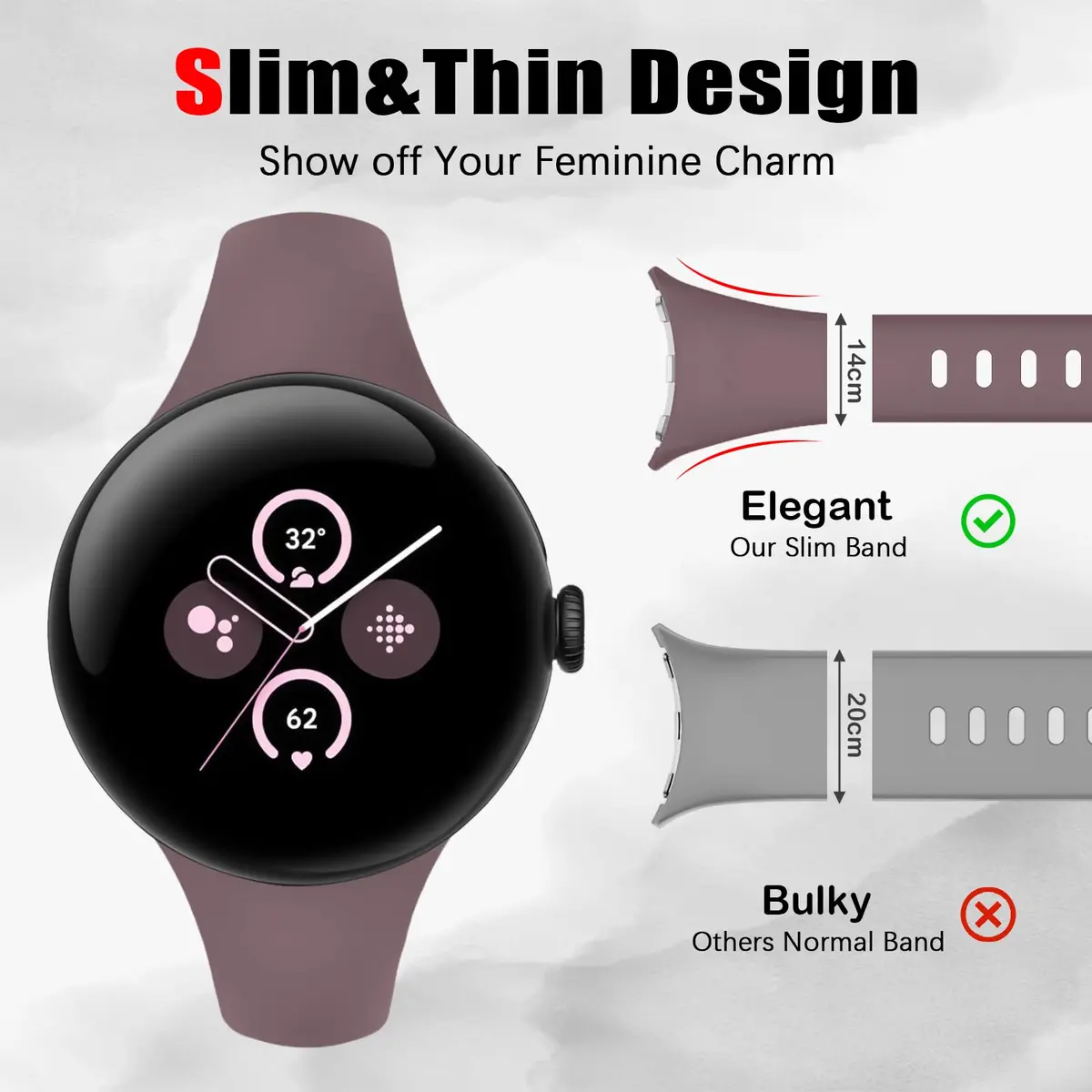 HAYONLIY Thin Slim Band Compatible for Google Pixel Watch 5/4/3 41mm | Slim, Silicone, Adjustable - view 2