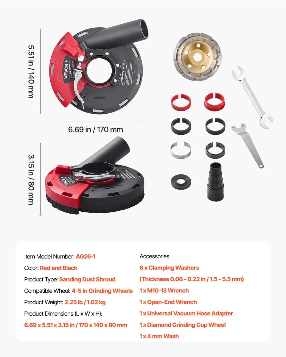VEVOR Angle Grinder Dust Shroud with 5-inch Diamond Wheel & Vacuum Adapter | 1.02 kg (2.25 lb) - view 7