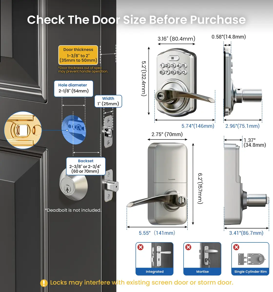 Veise KS04 Keypad Door Lock with Zinc Alloy Handle, Satin Nickel, 1.5 kg (3.06 lb) | Keyless Entry for Front Doors, Apartments, Offices - view 6