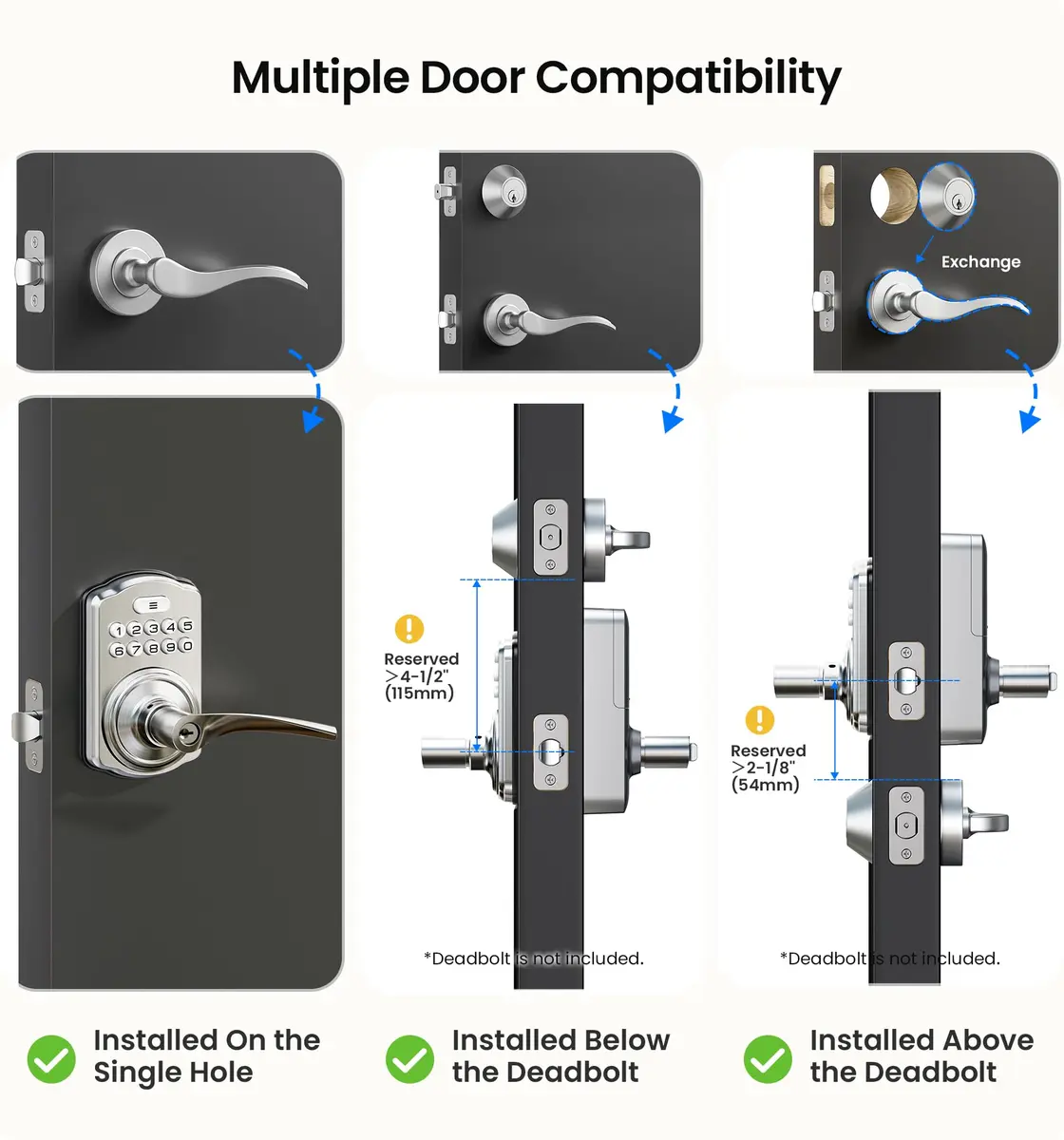 Veise KS04 Keypad Door Lock with Zinc Alloy Handle, Satin Nickel, 1.5 kg (3.06 lb) | Keyless Entry for Front Doors, Apartments, Offices - view 7