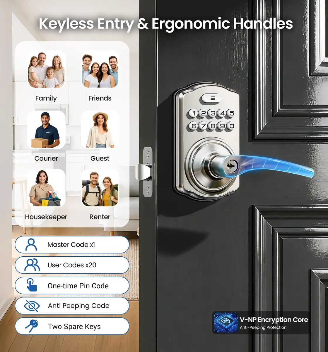 Veise KS04 Keypad Door Lock with Zinc Alloy Handle, Satin Nickel, 1.5 kg (3.06 lb) | Keyless Entry for Front Doors, Apartments, Offices - view 2