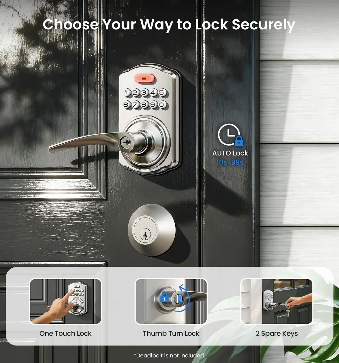 Veise KS04 Keypad Door Lock with Zinc Alloy Handle, Satin Nickel, 1.5 kg (3.06 lb) | Keyless Entry for Front Doors, Apartments, Offices - view 3