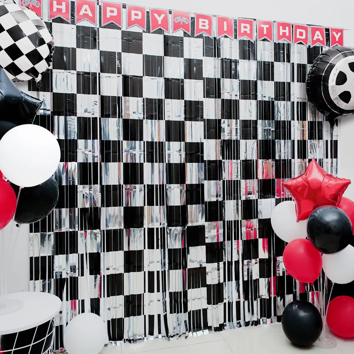 Simaya Race Car Party Decoration 1 Pack | Checkered Fringe Curtains for Race Car Theme Kids Party - main product image