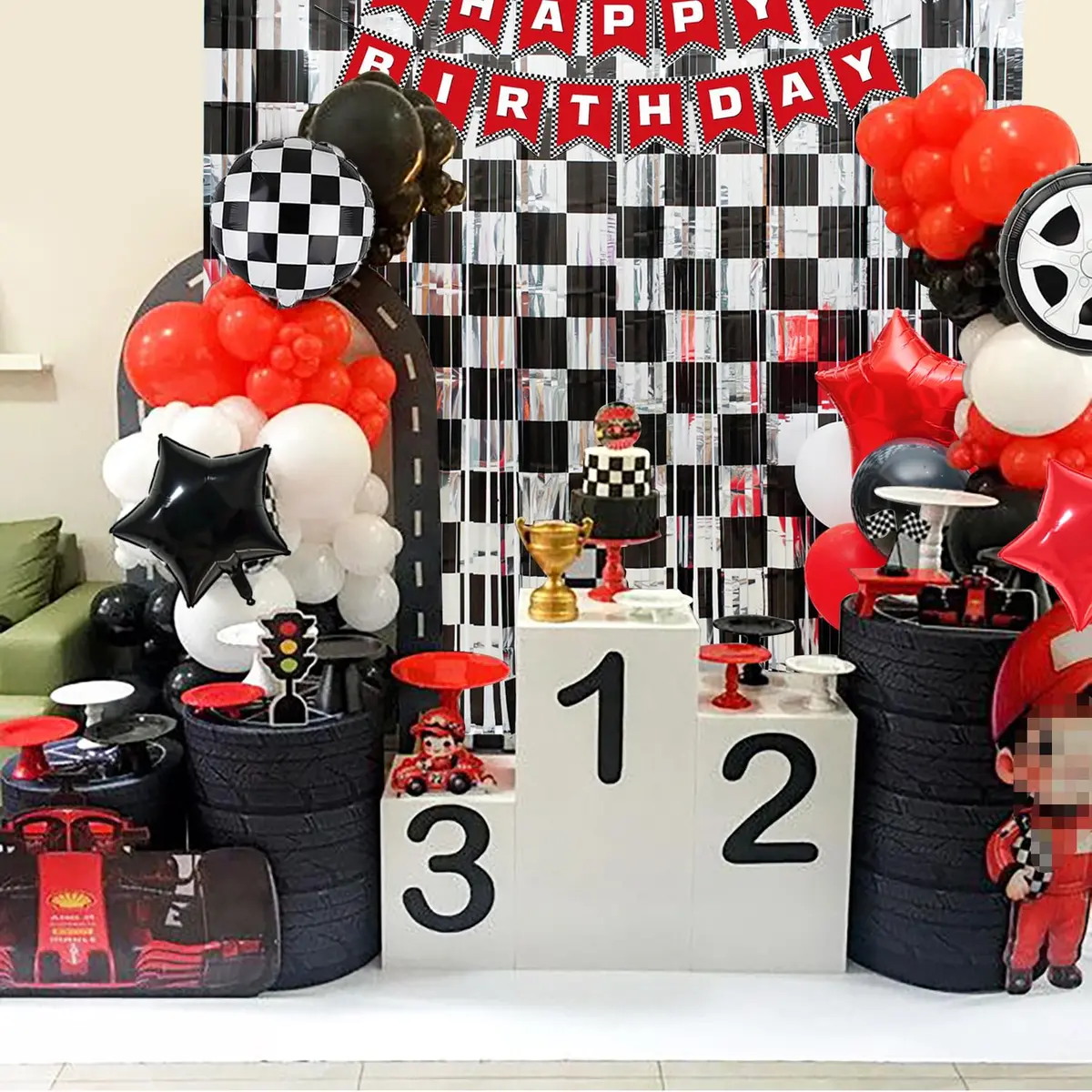 Simaya Race Car Party Decoration 1 Pack | Checkered Fringe Curtains for Race Car Theme Kids Party - view 5