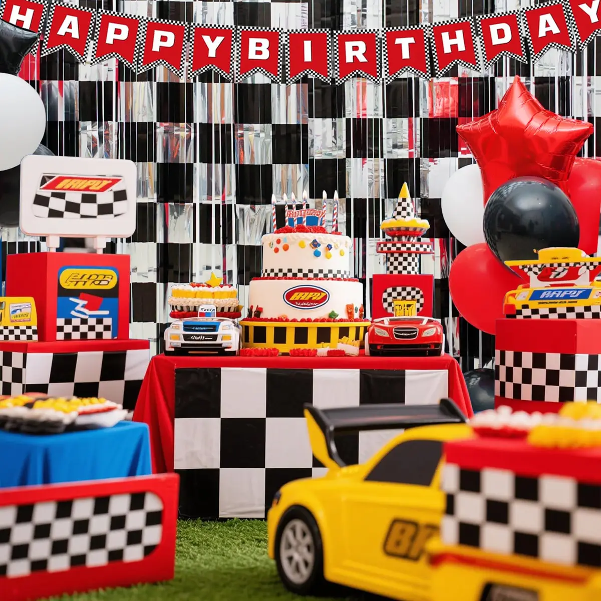 Simaya Race Car Party Decoration 1 Pack | Checkered Fringe Curtains for Race Car Theme Kids Party - view 6