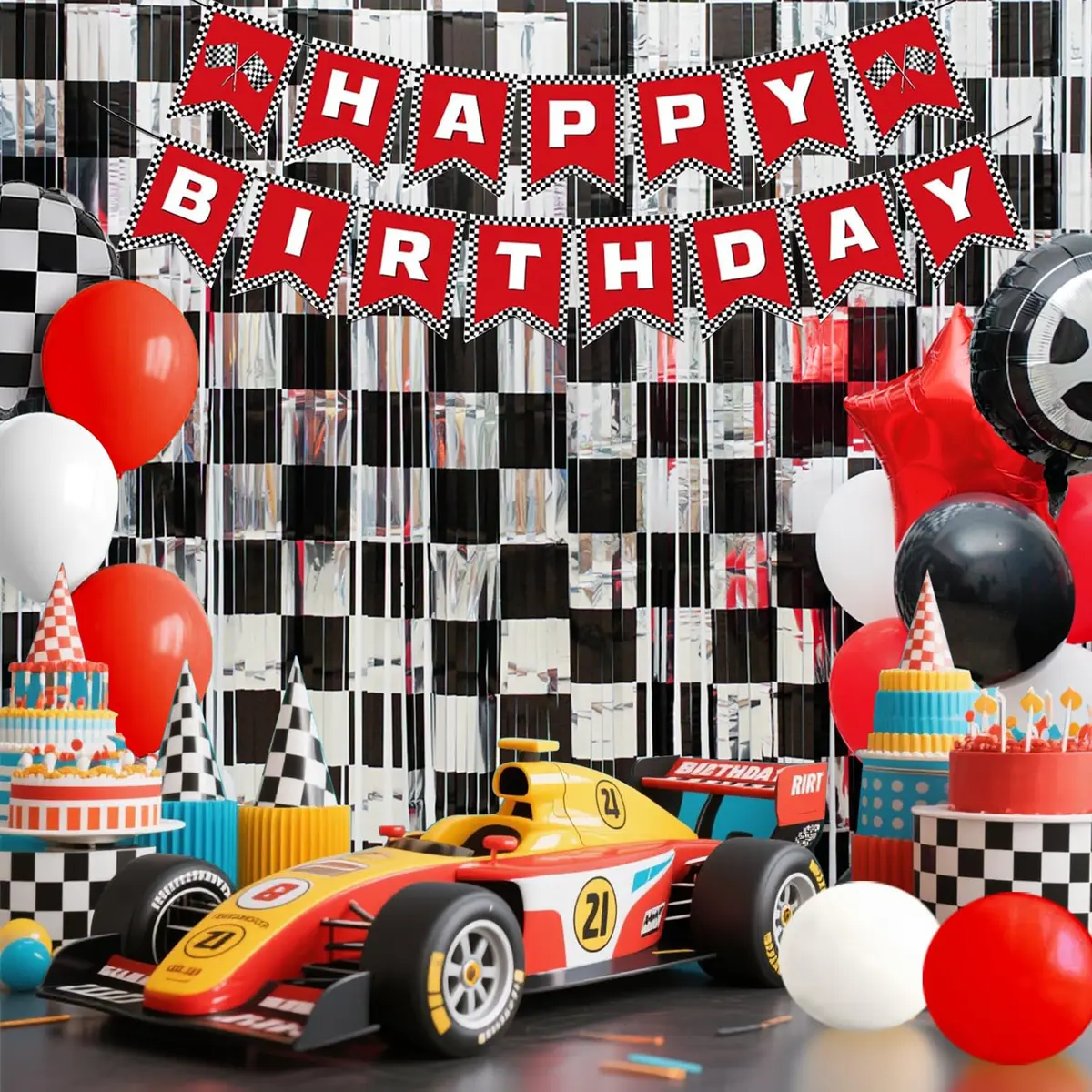 Simaya Race Car Party Decoration 1 Pack | Checkered Fringe Curtains for Race Car Theme Kids Party - view 7