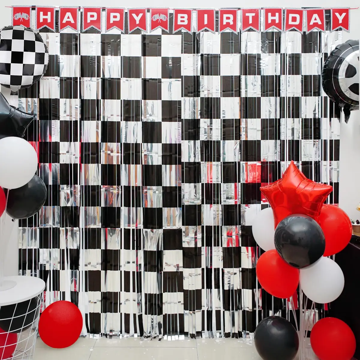 Simaya Race Car Party Decoration 1 Pack | Checkered Fringe Curtains for Race Car Theme Kids Party - view 2