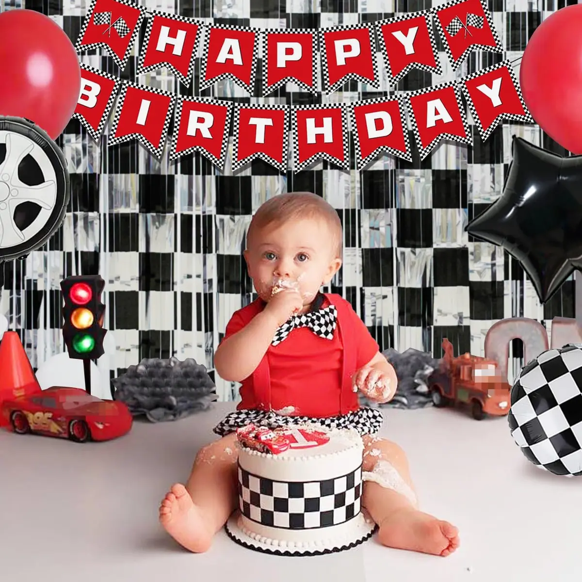 Simaya Race Car Party Decoration 1 Pack | Checkered Fringe Curtains for Race Car Theme Kids Party - view 3