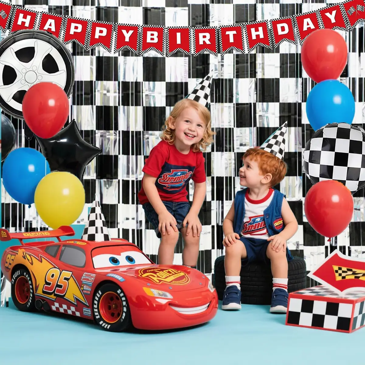 Simaya Race Car Party Decoration 1 Pack | Checkered Fringe Curtains for Race Car Theme Kids Party - view 4