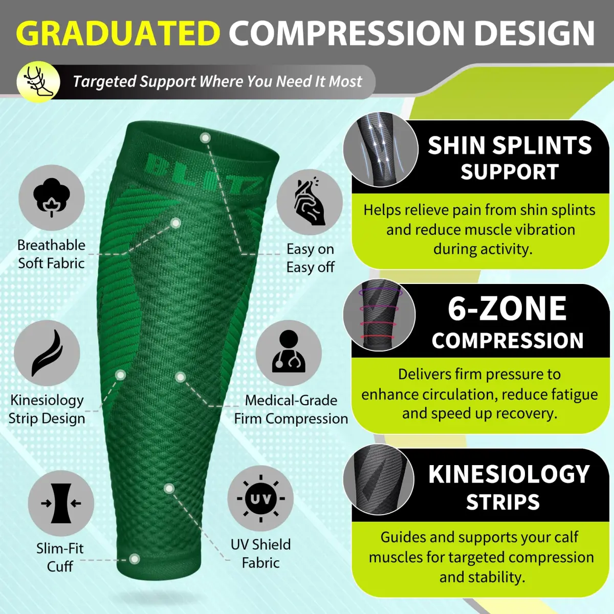 BLITZU Calf Compression Sleeves - Vibrant Green, XX-Large | Support for Shin Splints & Varicose Veins - view 3