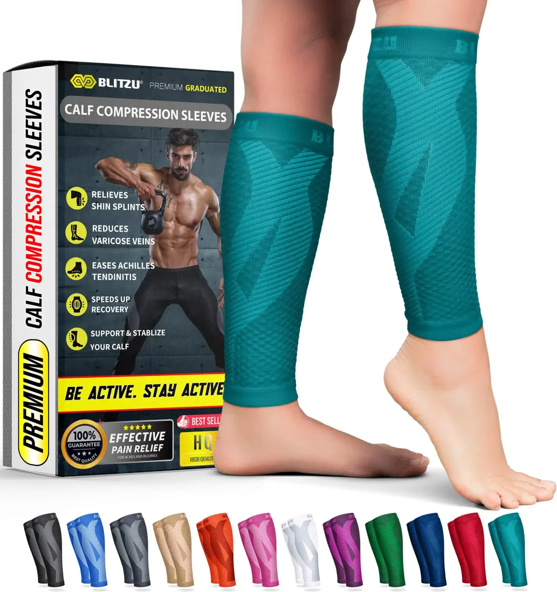 BLITZU Calf Compression Sleeves Large/X-Large Teal | Patented Kinesiology Strips for Targeted Pain Relief - main product image