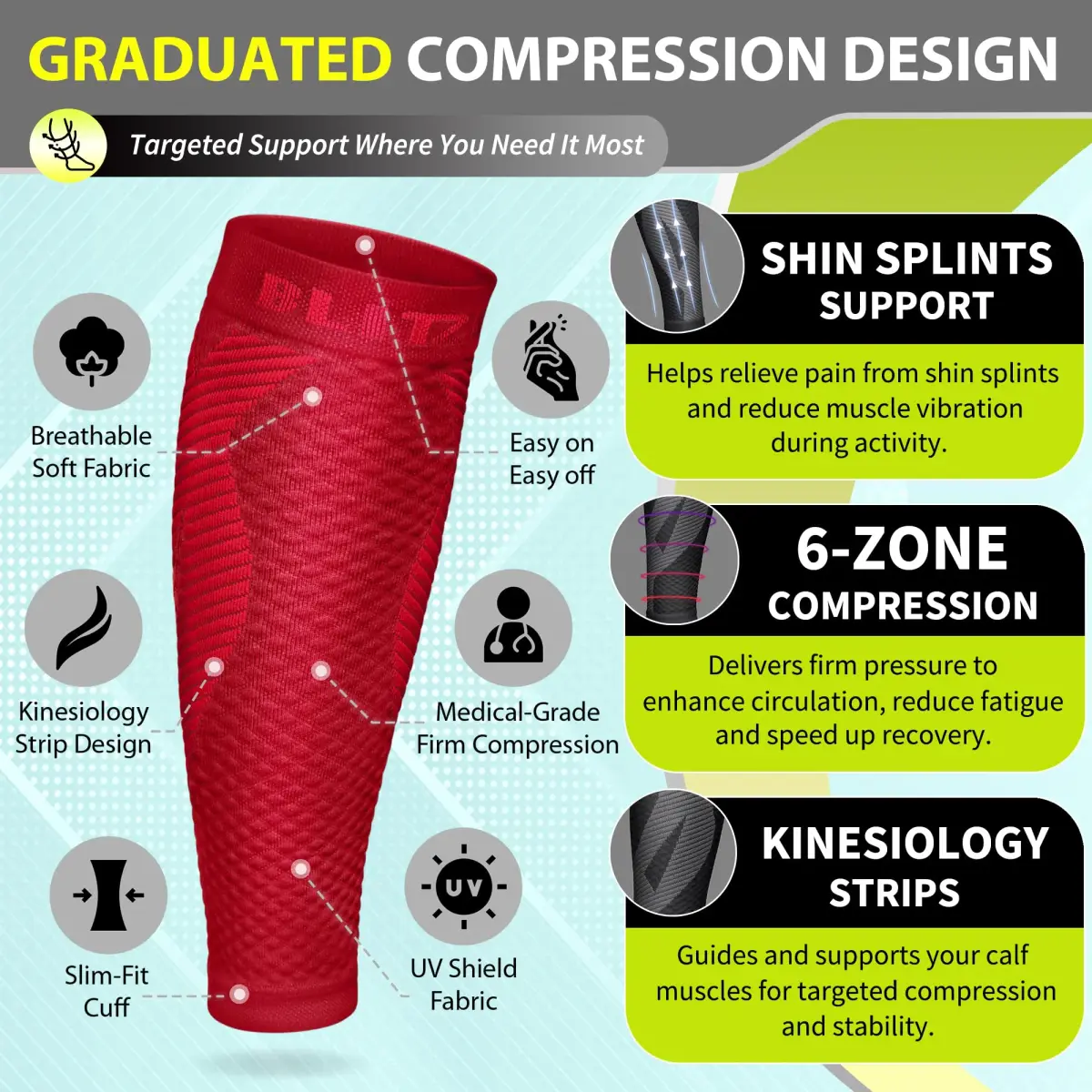 BLITZU Red XX-Large Calf Compression Sleeves for Shin Splints & Varicose Veins - view 3
