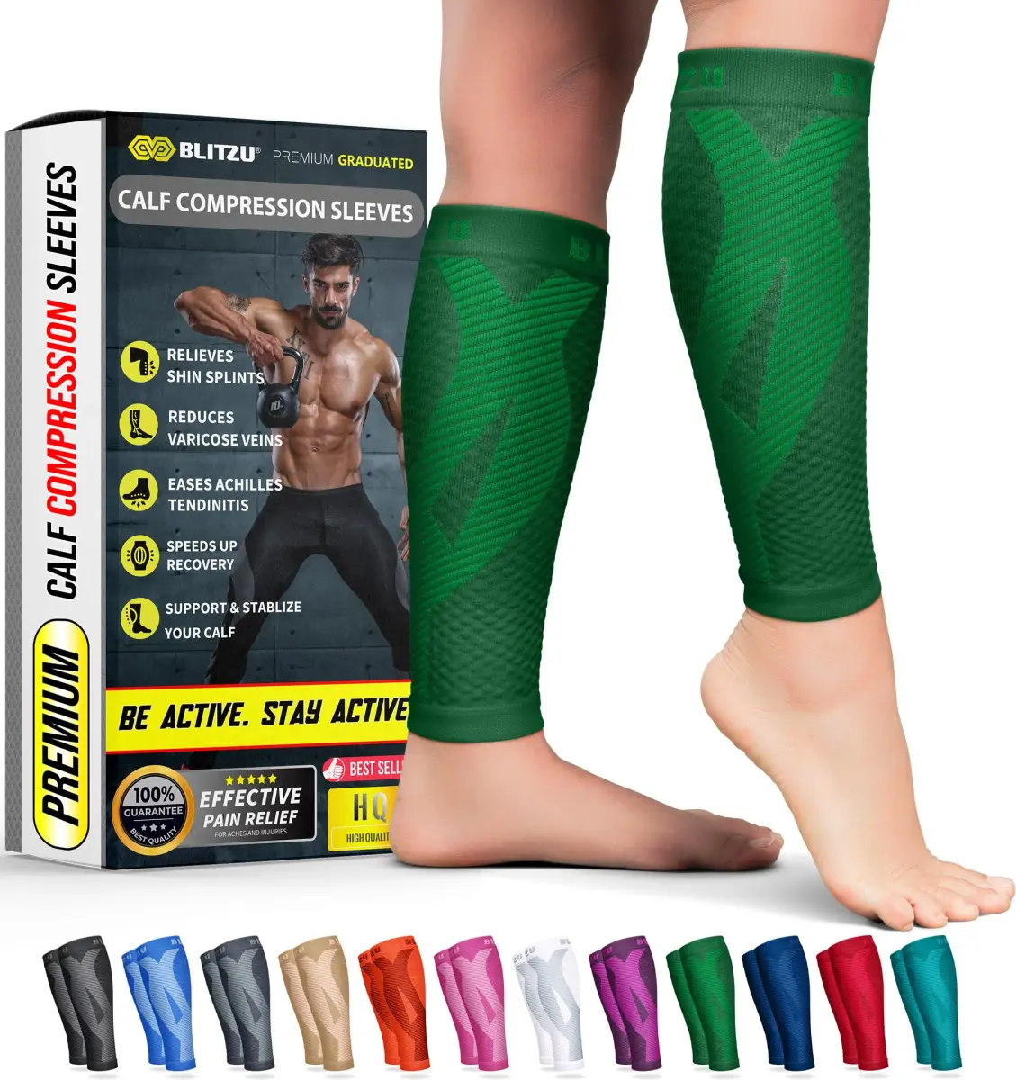 BLITZU Calf Compression Sleeves Green Small/Medium | FDA Approved Orthopedic Brace for Shin Splints & Varicose Veins - main product image