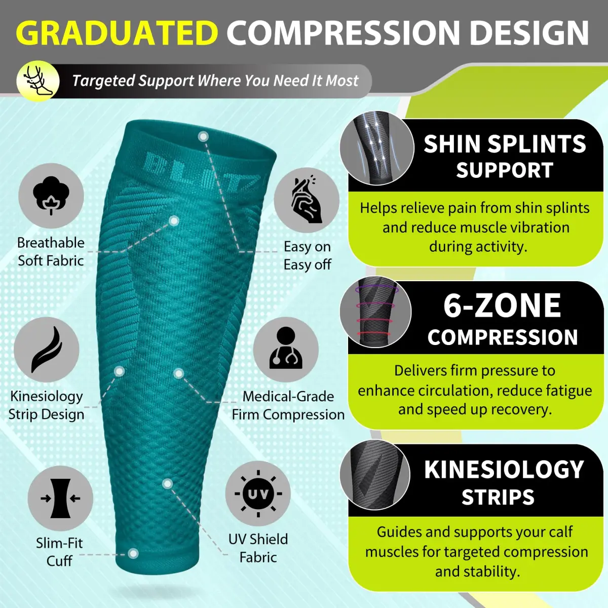 BLITZU Teal XX-Large Calf Compression Sleeves for Shin Splints & Varicose Veins - view 3