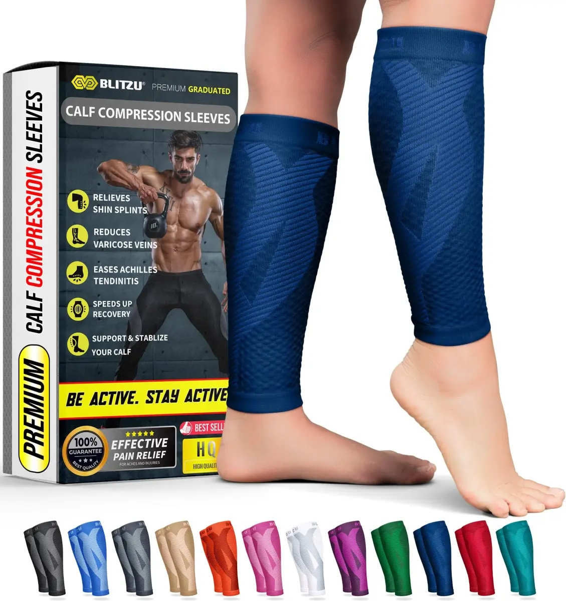 BLITZU Navy Small/Medium Calf Compression Sleeves for Shin Splints & Varicose Veins - main product image