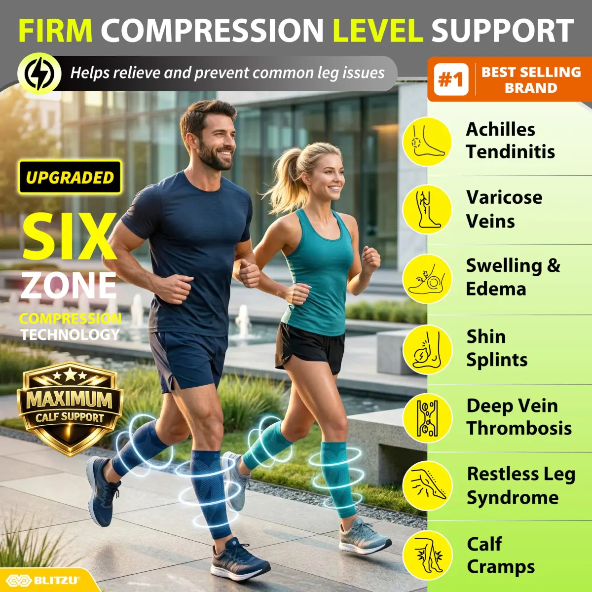 BLITZU Navy Small/Medium Calf Compression Sleeves for Shin Splints & Varicose Veins - view 2