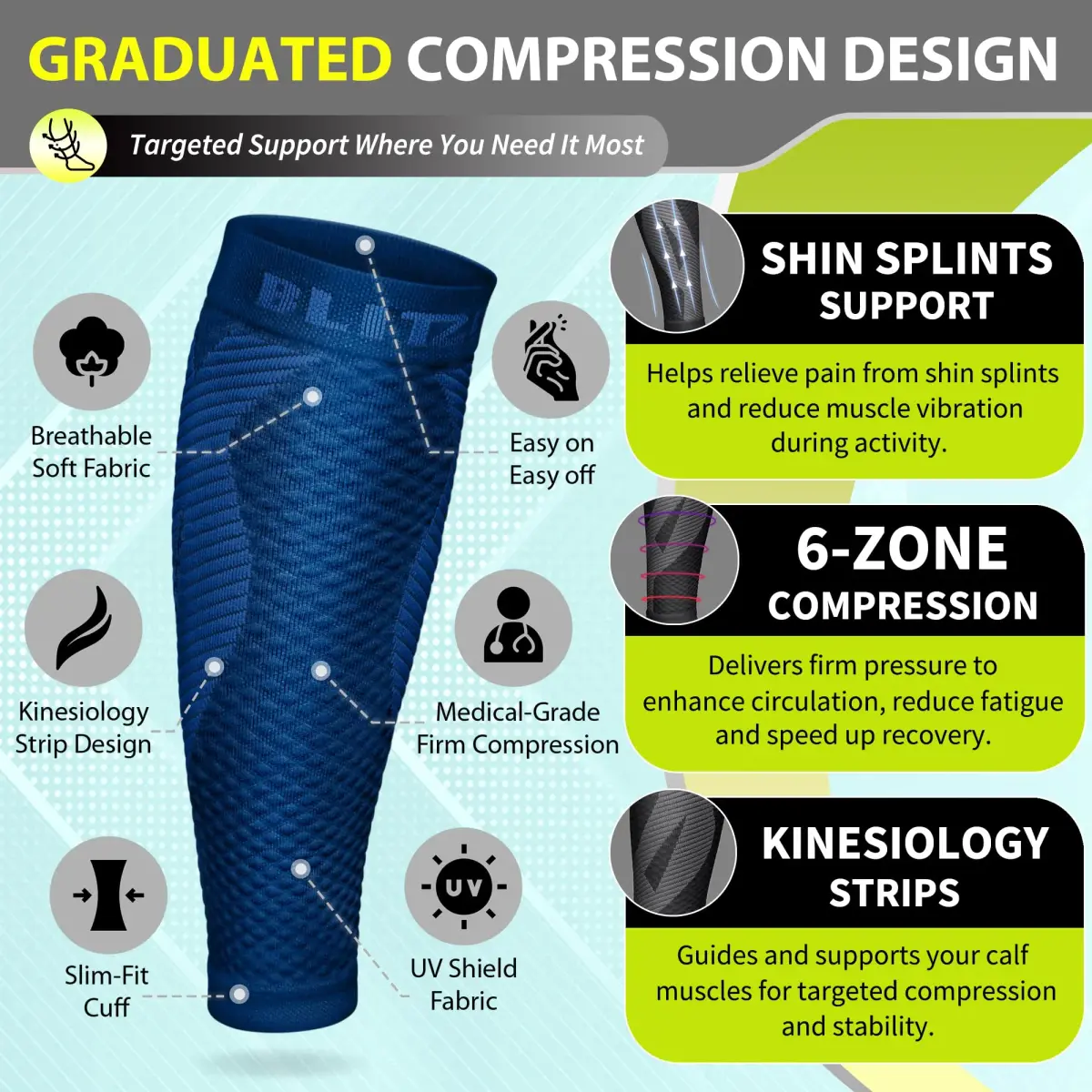 BLITZU Navy Small/Medium Calf Compression Sleeves for Shin Splints & Varicose Veins - view 3