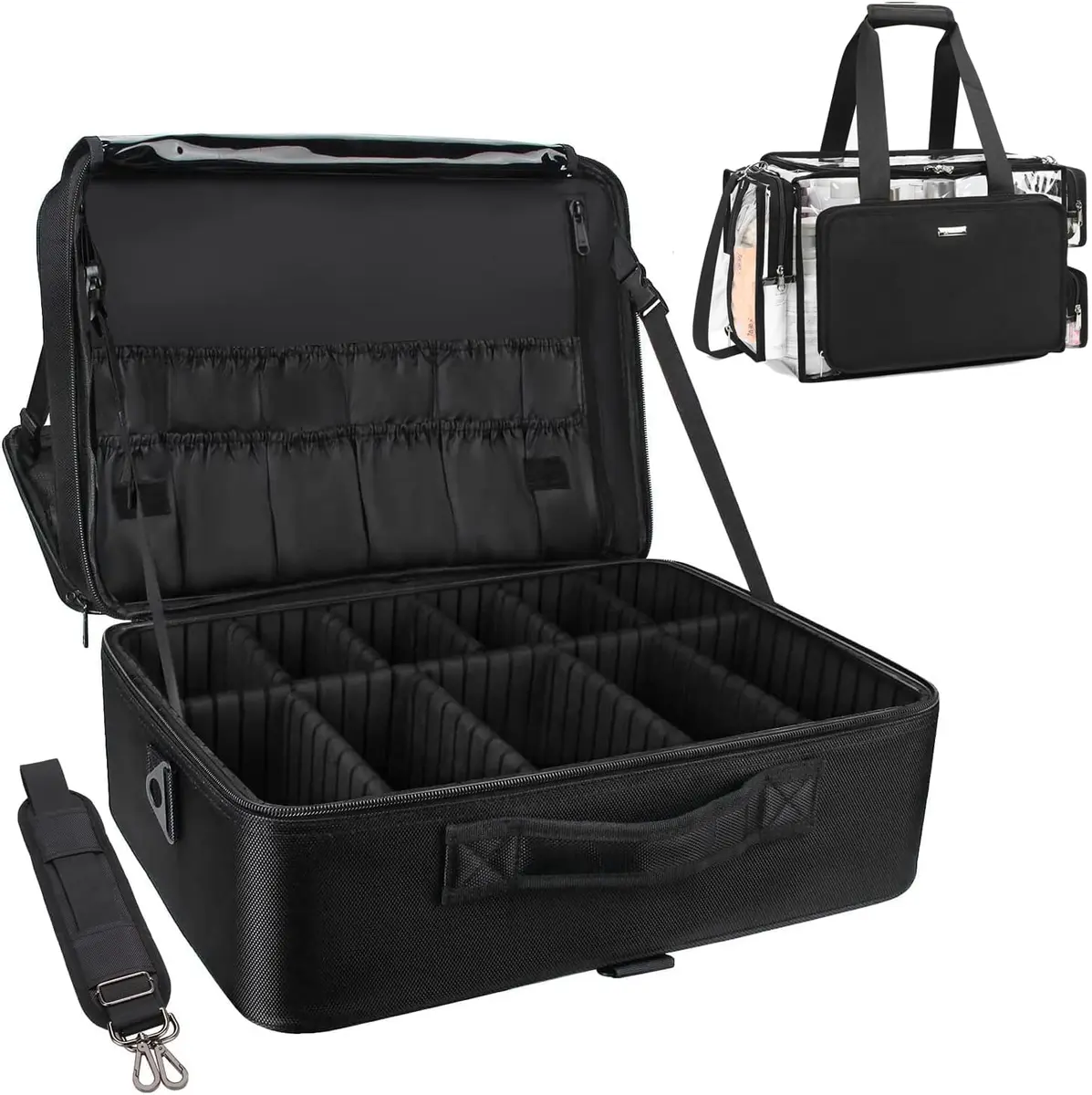Relavel Extra Large Makeup Case and Clear Makeup Bag | Professional Travel Cosmetic Organizer with Adjustable Dividers & Shoulder Strap - main product image