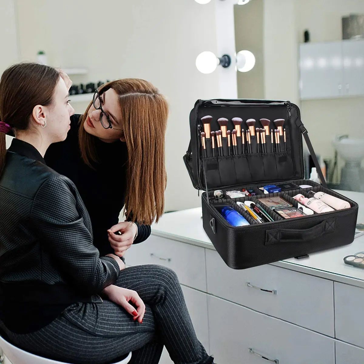 Relavel Extra Large Makeup Case and Clear Makeup Bag | Professional Travel Cosmetic Organizer with Adjustable Dividers & Shoulder Strap - view 2