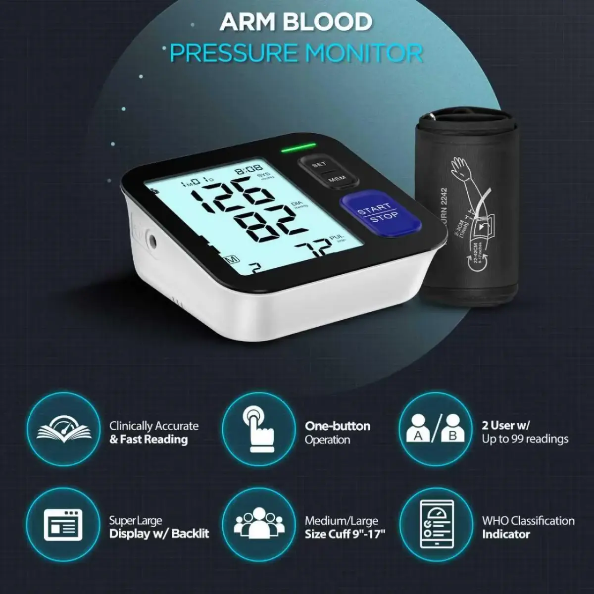 AQESO Automatic Upper Arm Blood Pressure Monitor with Medium/Large Cuff (9"-17") | Clinically Accurate Readings - view 2