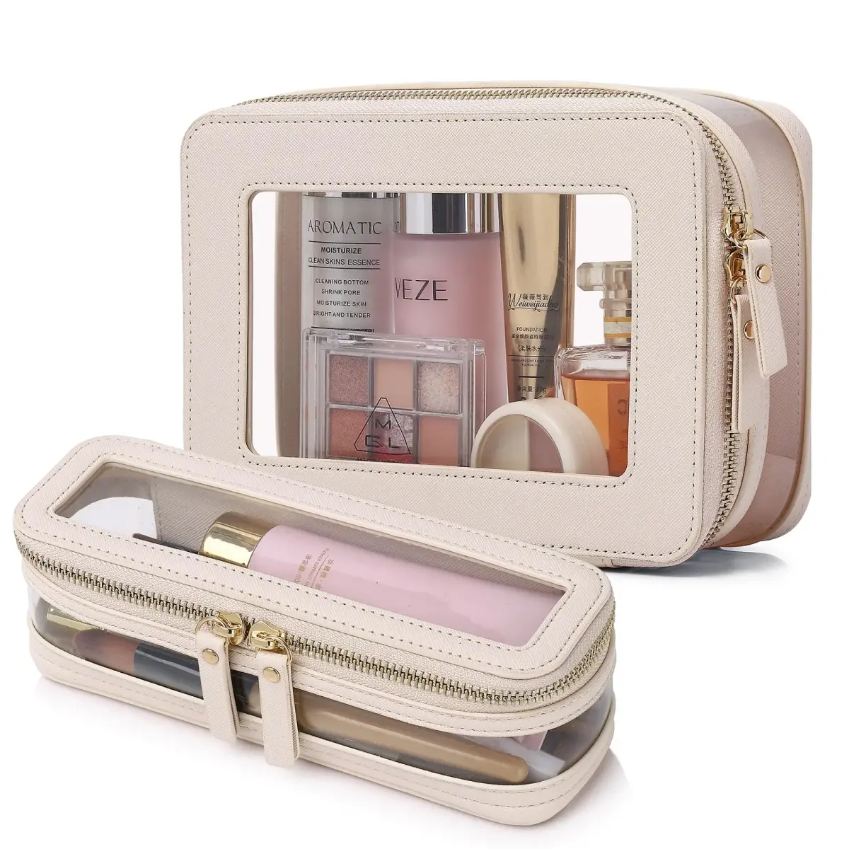 Pinkmik Clear Makeup Bag with Brush Case, Beige 2-Piece Set | TSA Approved Travel Toiletry Organizer - main product image