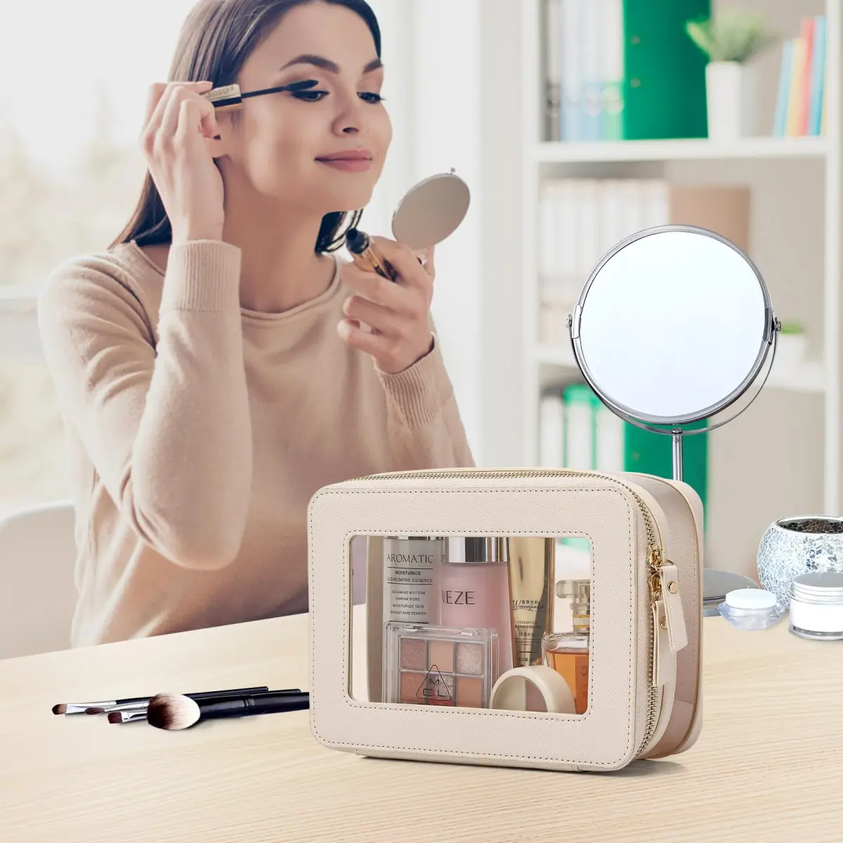 Pinkmik Clear Makeup Bag with Brush Case, Beige 2-Piece Set | TSA Approved Travel Toiletry Organizer - view 3