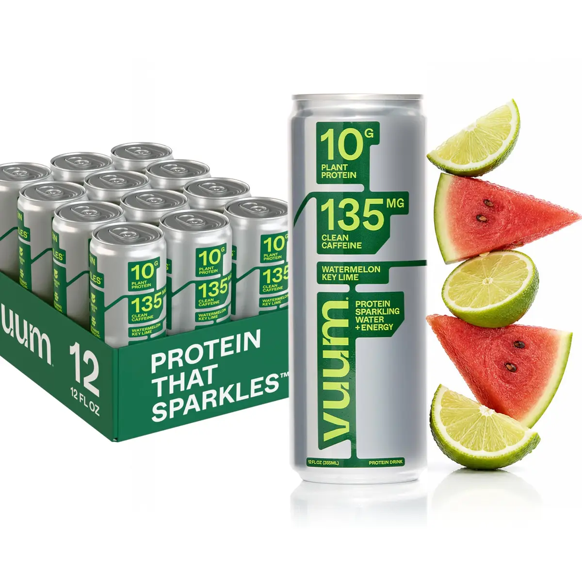 VUUM Sparkling Protein Drink, 12 Fl Oz (Pack of 12) | Watermelon Key Lime, Sugar-Free, 10g Plant Protein - main product image