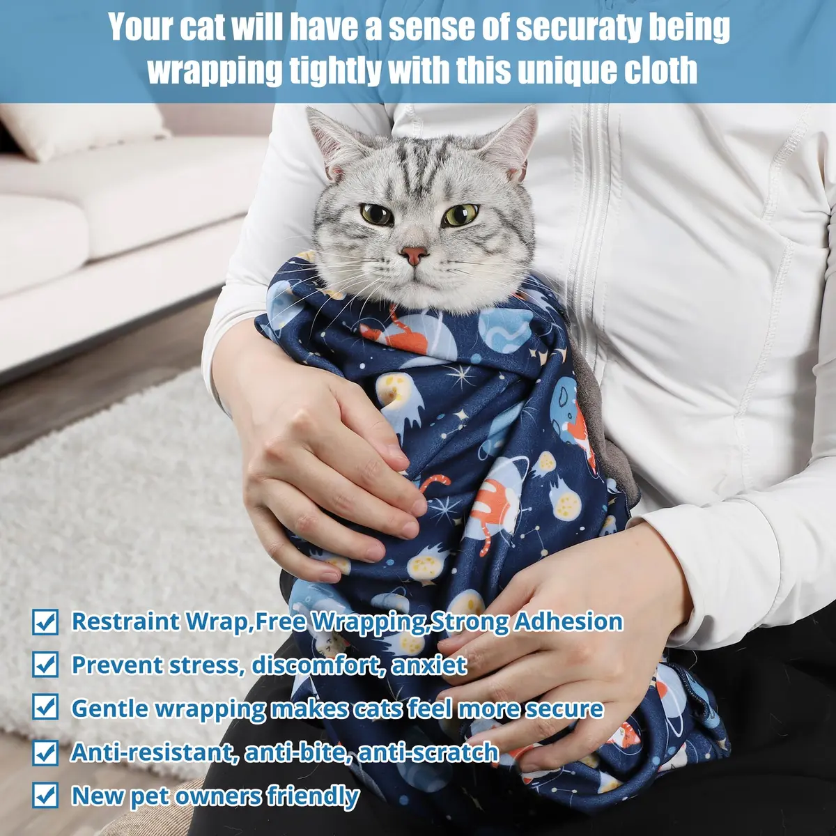 ZINGTERRA Cat Grooming Wrap,Anti-Escape Cat Wrap for Grooming,Self-Adherent Soft Cat Blanket to Wrap,Anti-Bite,Clip Nails,Anti-Scratch,Cat Calming Wrap,Cat Burrito Wrap,Swaddle Wrap Pet Tool | Comfortable, Versatile & Reusable - view 5