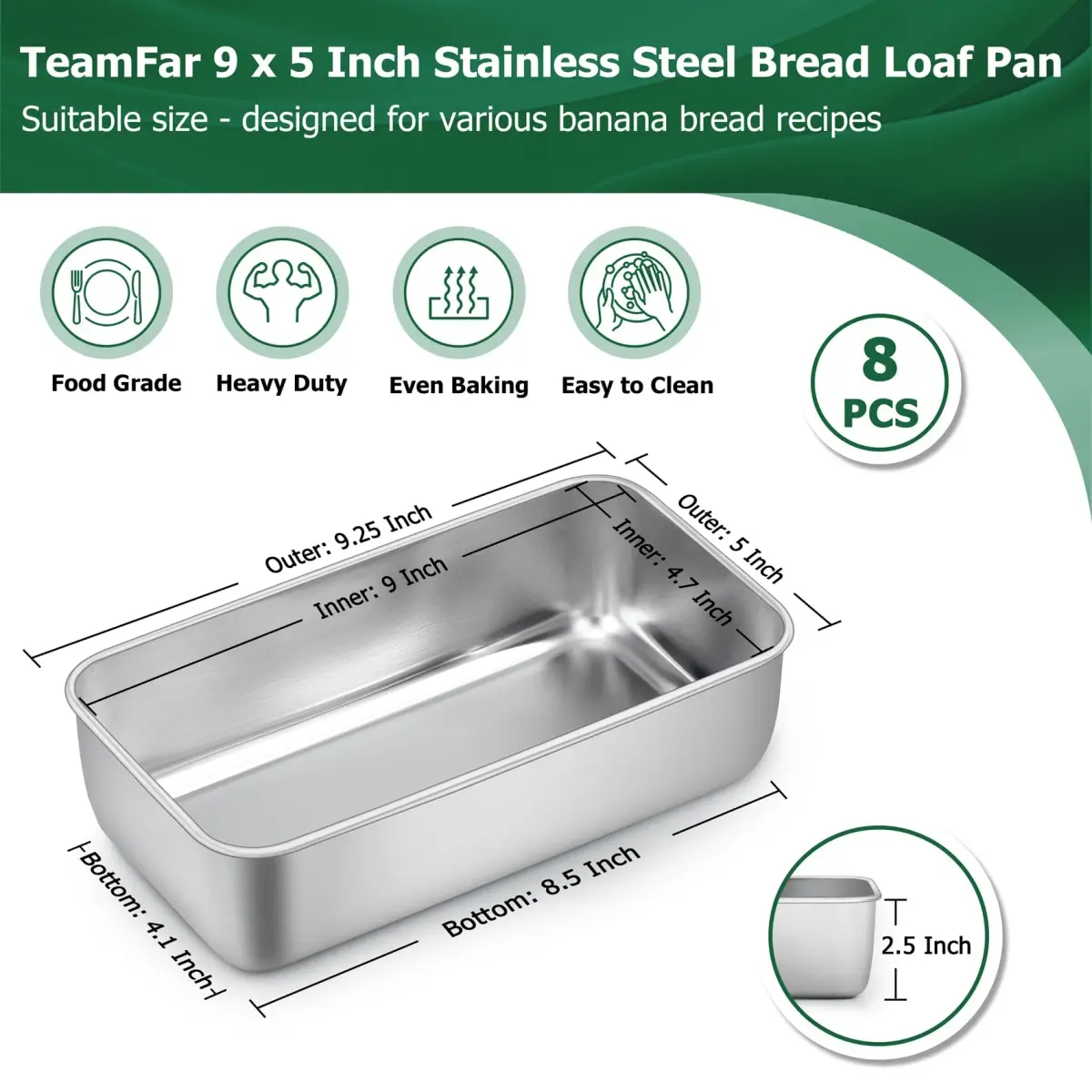 TeamFar Stainless Steel Loaf Pans Set of 8 | 23.5 x 12.7 x 6.4 cm (9.25 x 5 x 2.5 Inch) Baking Bread Pans - view 2