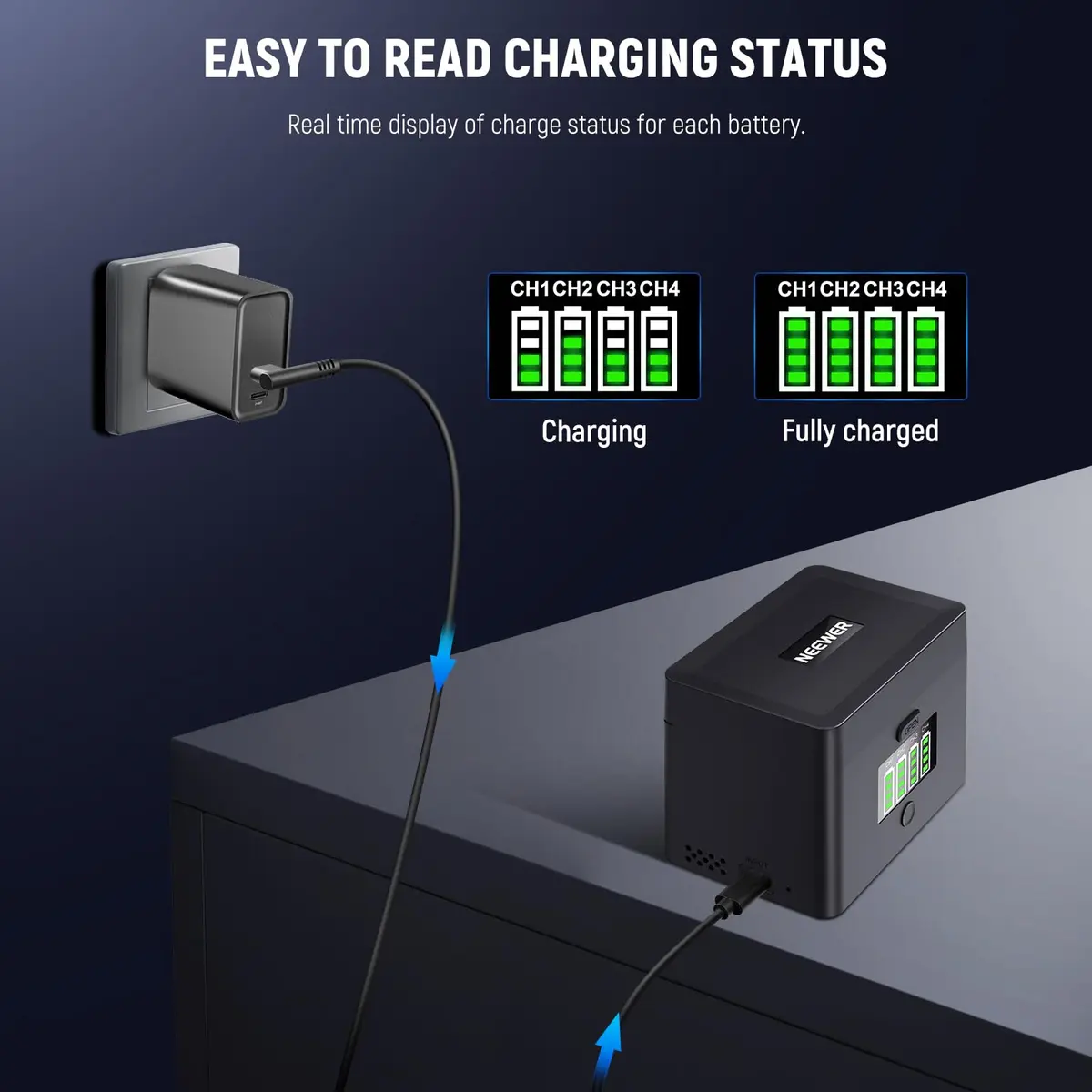 NEEWER 4 Channel USB Battery Charger NW-ZP4 | 40W Fast Charging for NP-FZ100 & LP-E6 Batteries - view 7