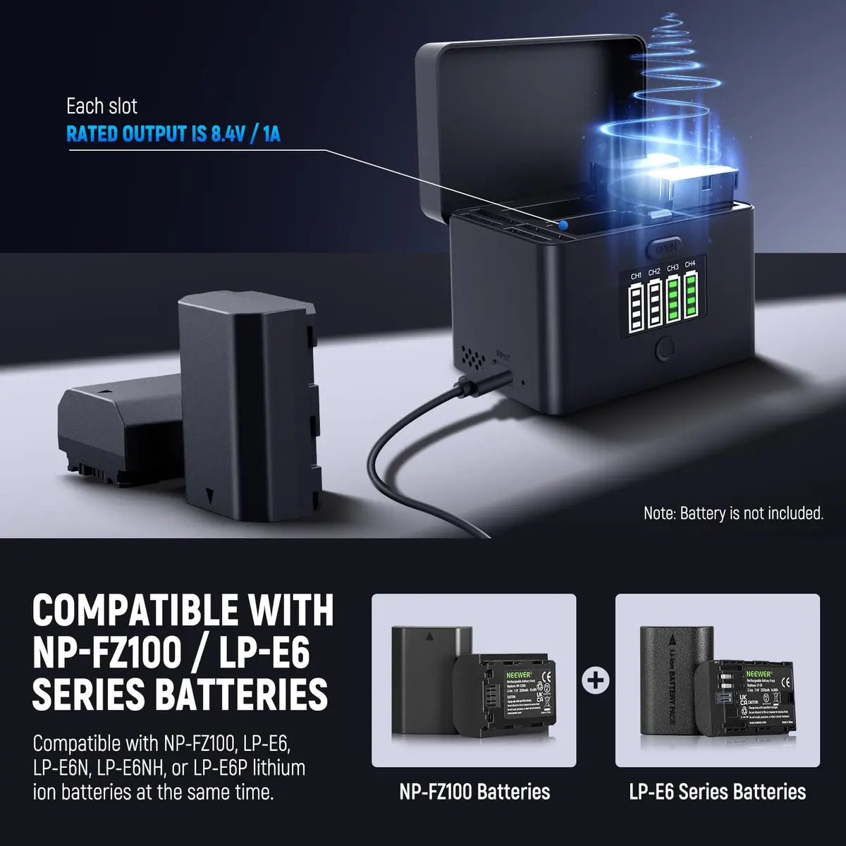 NEEWER 4 Channel USB Battery Charger NW-ZP4 | 40W Fast Charging for NP-FZ100 & LP-E6 Batteries - view 2
