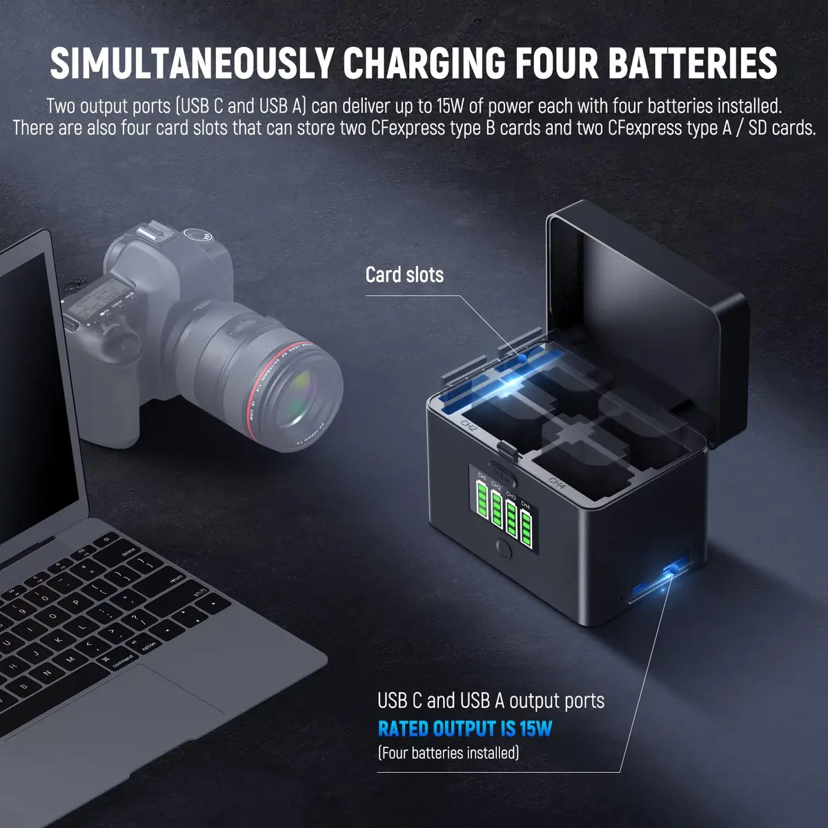 NEEWER 4 Channel USB Battery Charger NW-ZP4 | 40W Fast Charging for NP-FZ100 & LP-E6 Batteries - view 4