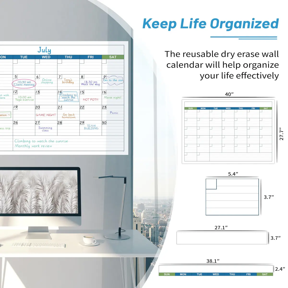 BooQool Large Undated Dry Erase Calendar 40" x 28" | Reusable Laminated Wall Planner - view 2